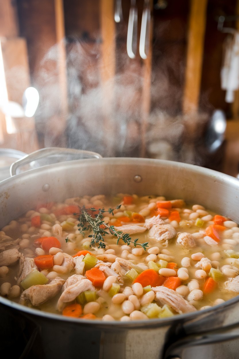 An indoor soup pot with hearty chicken and white bean soup featuring carrots, celery, and thyme sprigs, steam rising gently. No text or logos visible.