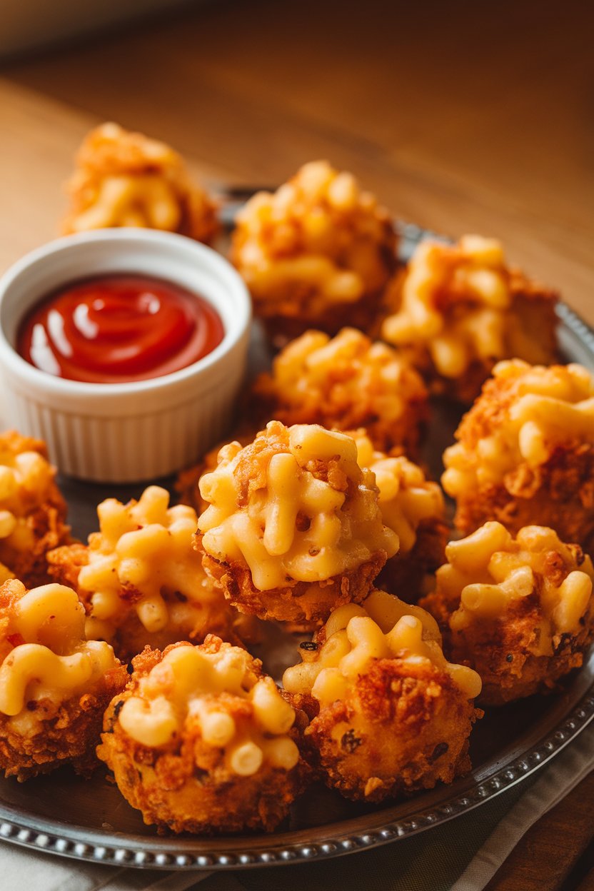 Indoor photo of crispy mac and cheese bites arranged on a platter with a small ramekin of ketchup; no text or logos.