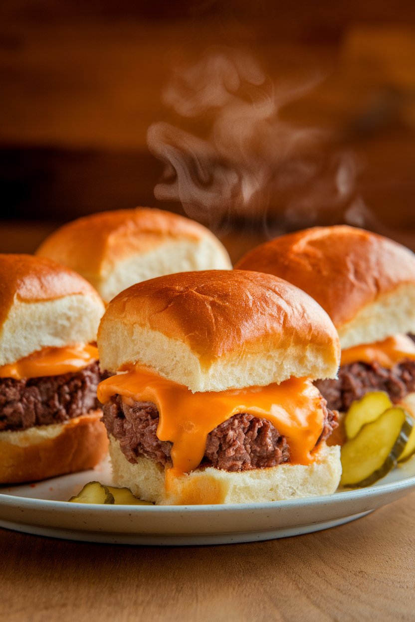 An indoor tabletop photo of three beef sliders on brioche buns with melted cheddar and pickle chips, steam faintly rising. No logos or text visible.