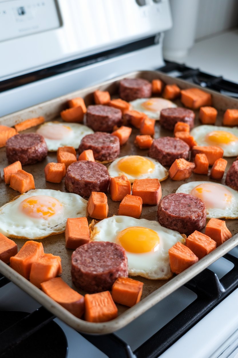A sheet pan resting on a stove, filled with roasted sweet potato cubes, maple breakfast sausage rounds, and baked eggs, shot indoors. No text or logos.
