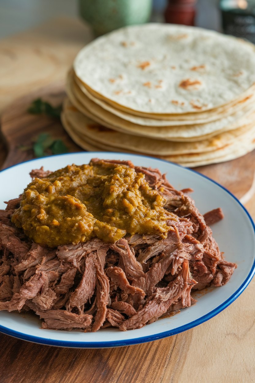 Indoor plate of shredded beef mixed with green Hatch chile sauce, corn tortillas stacked nearby. No text or logos.