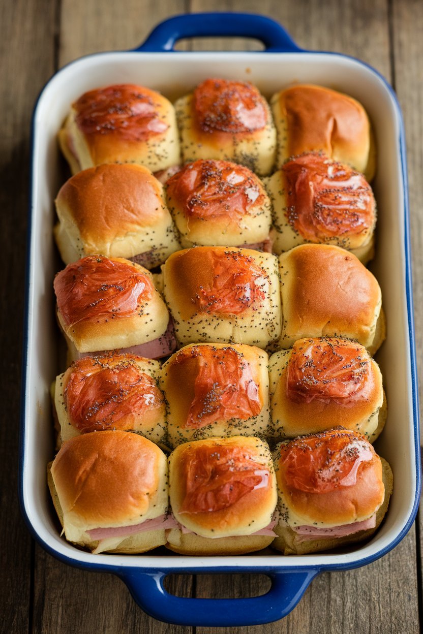 Indoor casserole dish packed with small ham and Swiss cheese sliders, tops brushed with glossy poppy seed butter, no text or logos. Photo only.