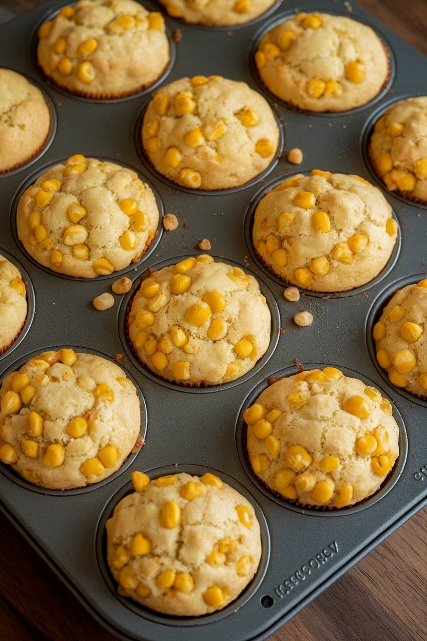 Indoor muffin tin filled with cornbread muffins speckled with corn kernels and green chiles, no text or logos.
