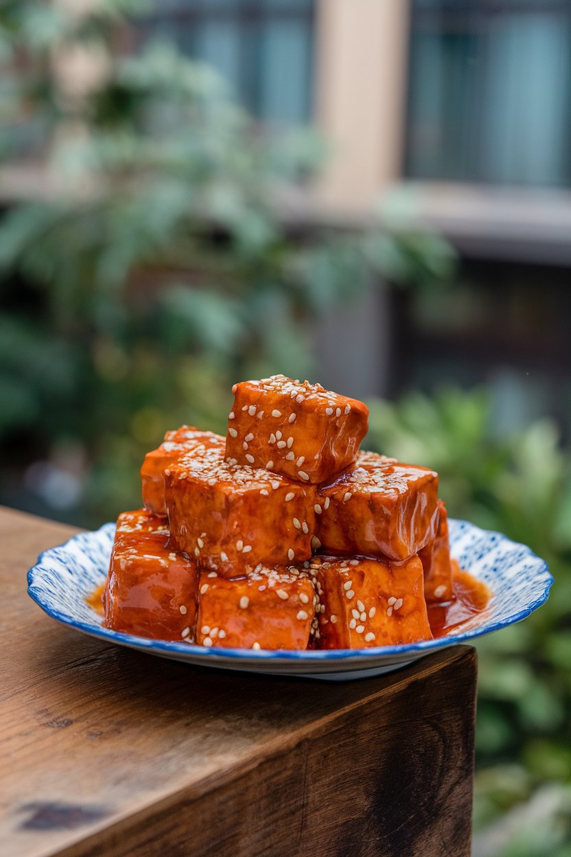 Indoor photo of cubed tofu coated in glossy sweet chili sauce, garnished with sesame seeds, on a serving dish; no text or logos