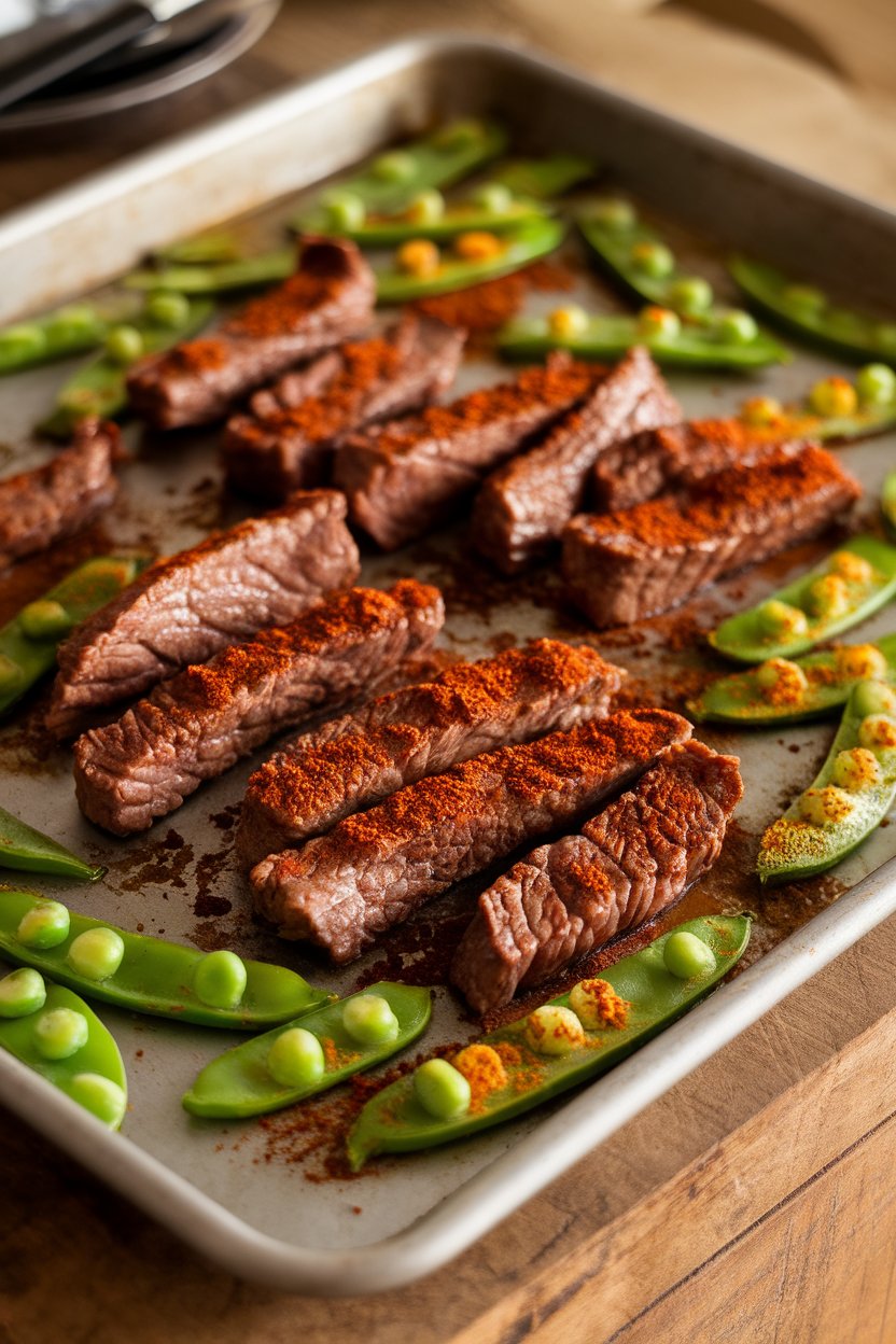 Indoor photo of beef strips and bright snow peas roasted with Chinese five-spice powder on a sheet pan. No text or logos.