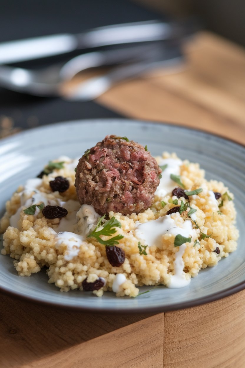Indoor photo of small lamb meatballs atop fluffy couscous with raisins and herbs, drizzle of yogurt sauce, no text or logos