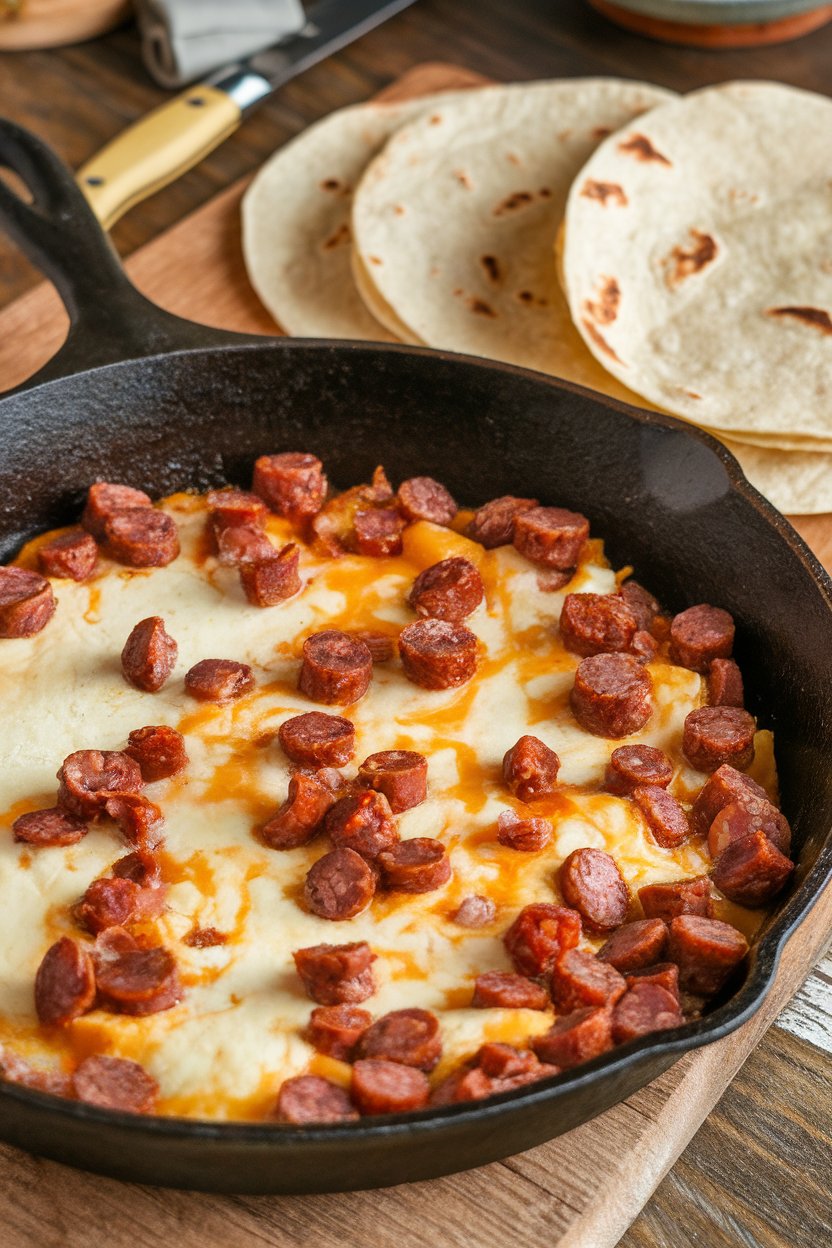 Indoor photo of a cast-iron skillet of melted cheese studded with cooked chorizo, served with warm tortillas; no text or logos