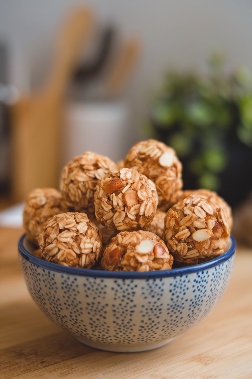 Indoor bowl filled with round granola bites containing oats and almond pieces, no text or logos.