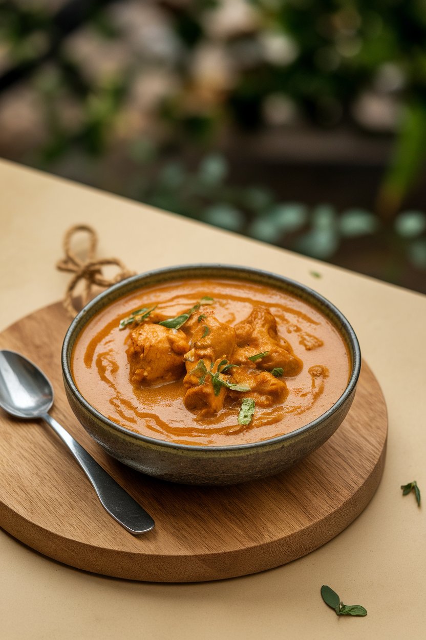 Indoor bowl of creamy almond korma with chicken pieces, basmati rice alongside. No logos.