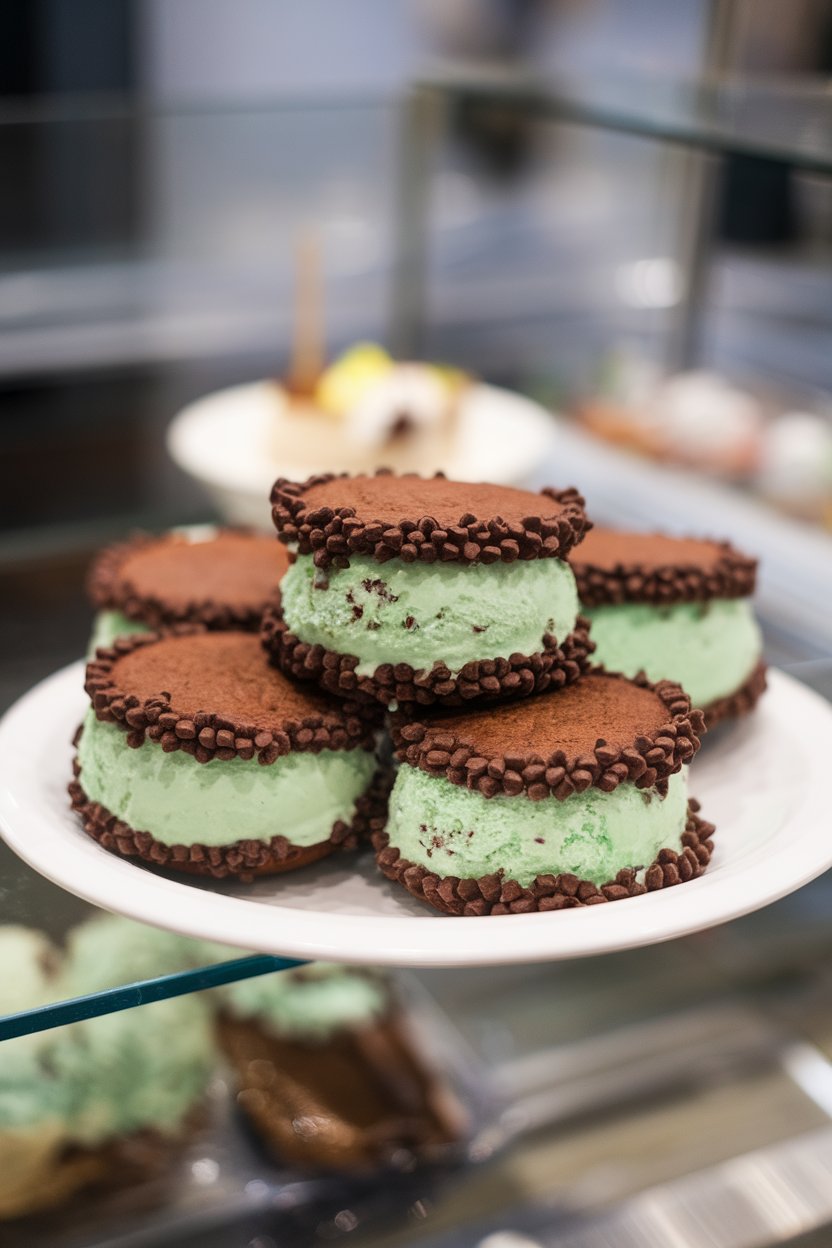 An indoor frozen-dessert plate featuring chocolate cookies sandwiching bright mint-chip ice cream, edges rolled in mini chocolate chips, no text or logos. Photo only.