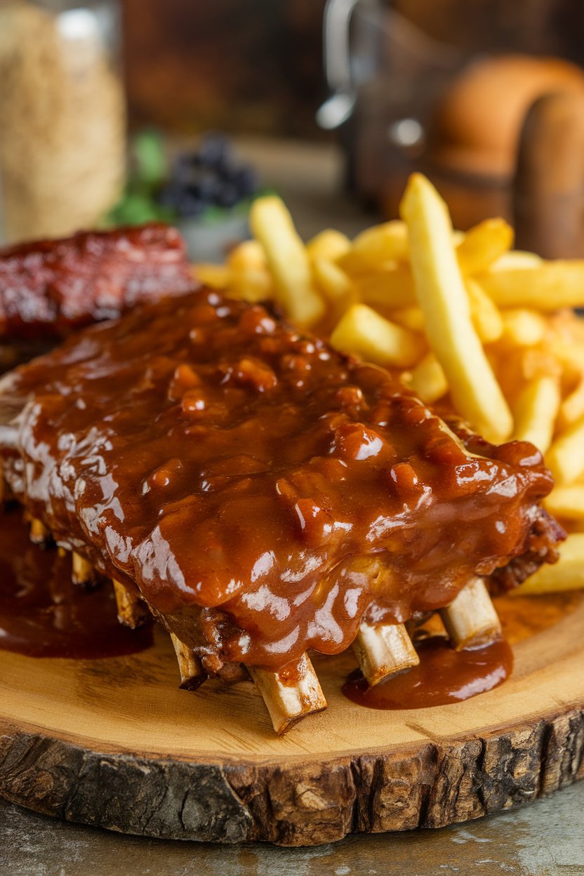 Indoor photo of short ribs glazed with thick apple butter barbecue sauce; no text or logos