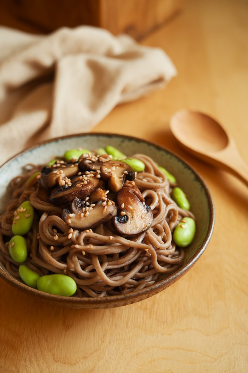 Indoor photo of buckwheat soba tossed with sautéed mushrooms and bright green edamame, garnished with sesame seeds, no text.