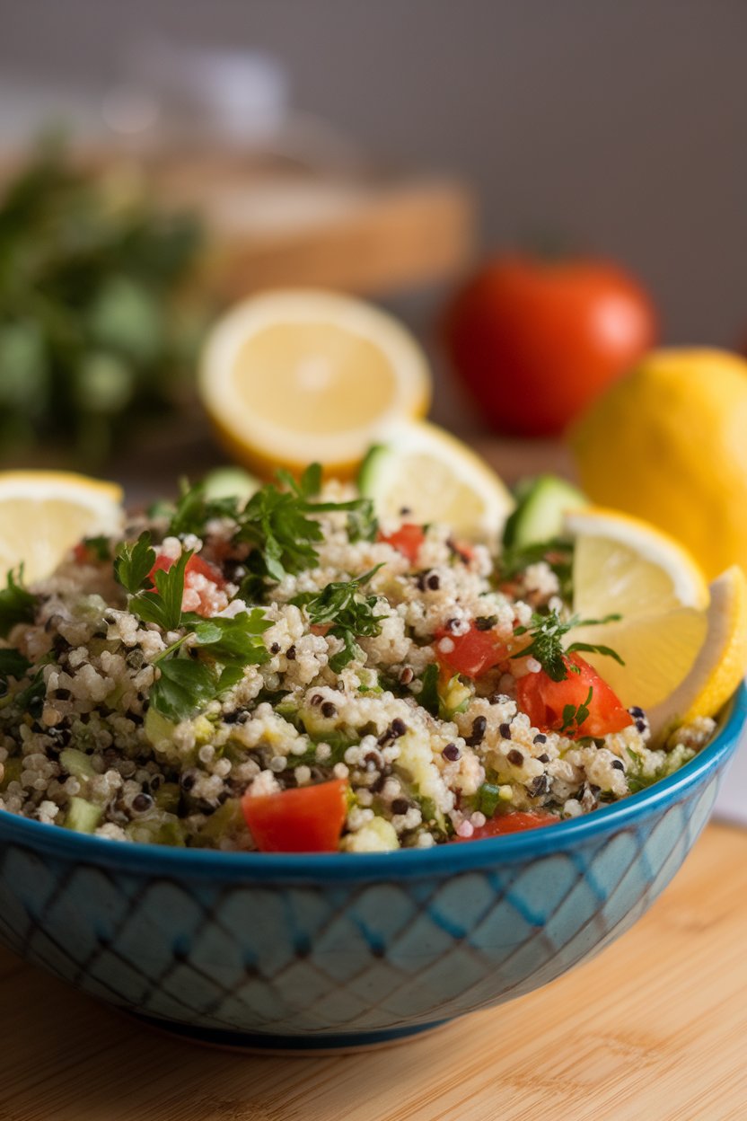 Indoor photo of a wide bowl of quinoa tabbouleh dotted with parsley, tomatoes, cucumber, and lemon wedges. No logos or text.