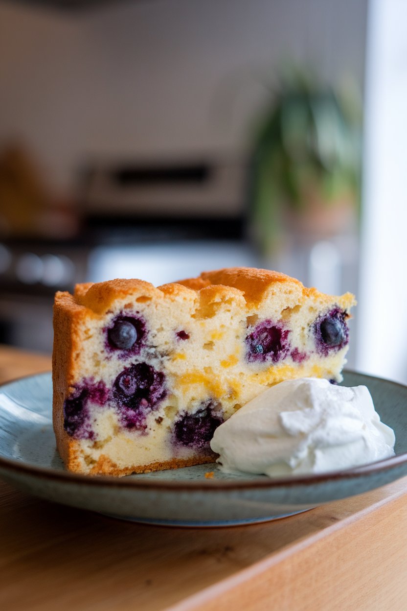 Photo of a slice of blueberry lemon ricotta pound cake on an indoor dessert plate, blueberries studding the crumb. No text or logos present.