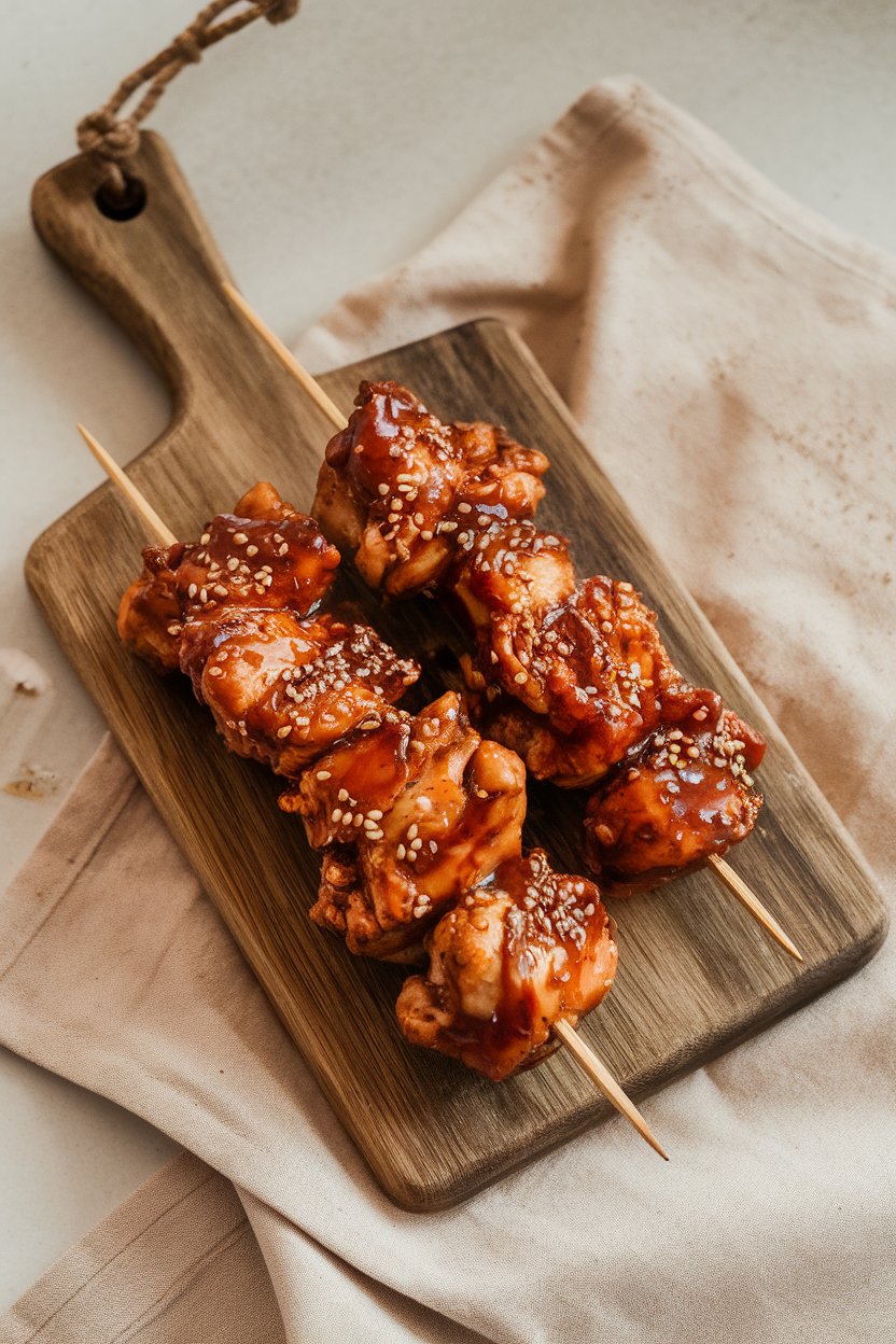 An indoor serving board with wooden skewers of glazed chicken thigh pieces, a sprinkle of sesame seeds, no logos or text.