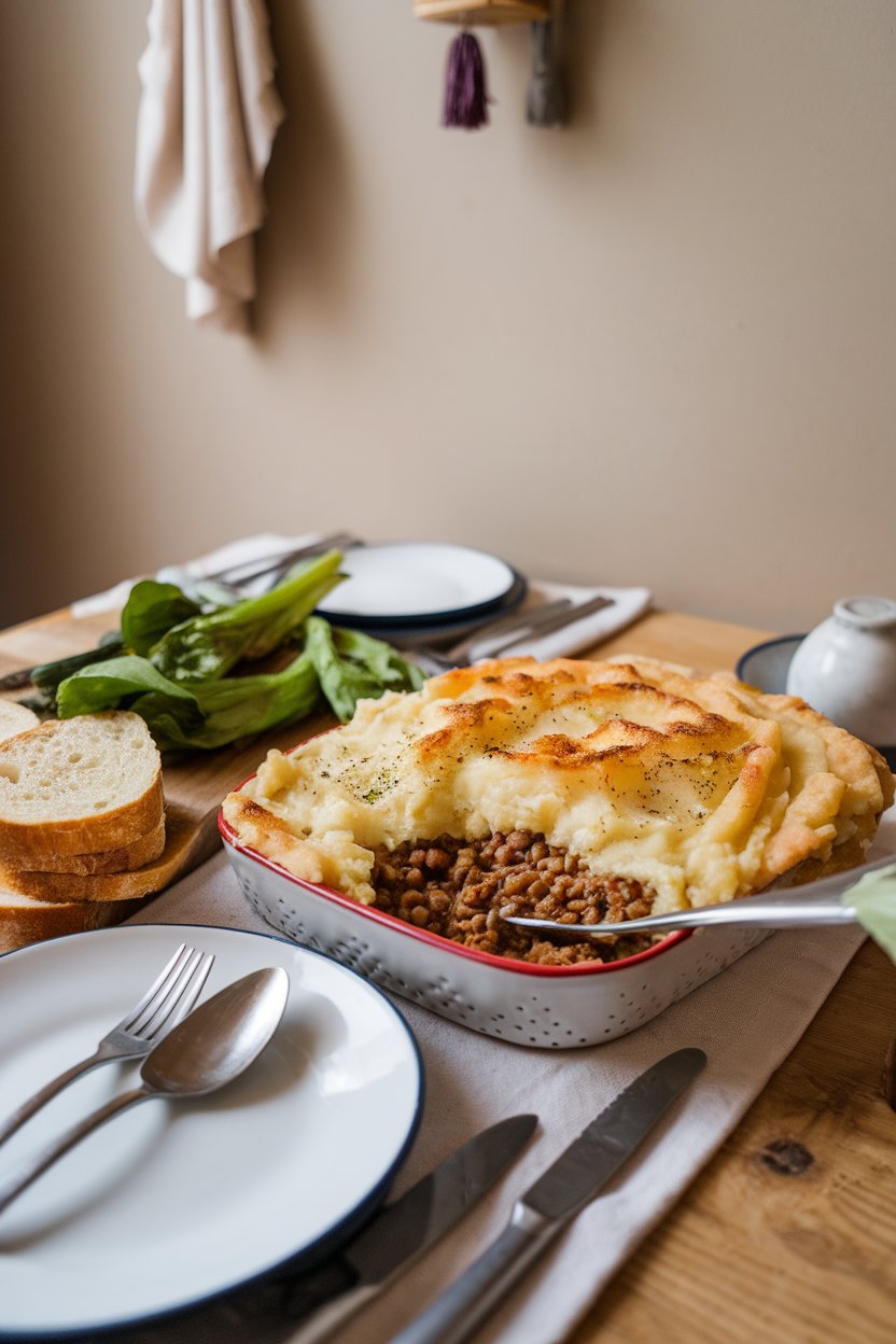 An indoor dining table displaying a casserole dish of lentil shepherd’s pie, mashed potato topping lightly browned and spooned to reveal savory lentil filling beneath. No text or logos present. Photo, not illustration.