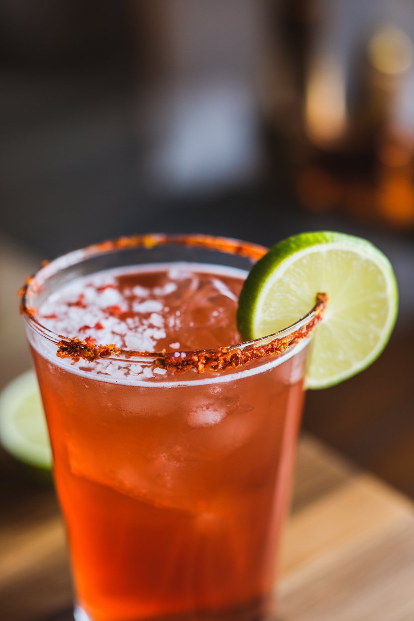Close-up indoor shot of a salt-and-chili-rimmed pint glass holding a reddish beer cocktail with lime wedge. Photo only, no branding in view.
