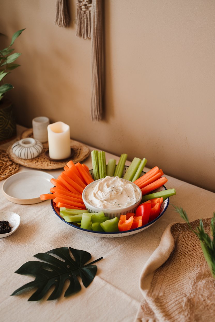 Indoor coffee table scene with a bowl of creamy ranch dip surrounded by carrot, celery, and bell pepper sticks, no text or logos. Photo only.