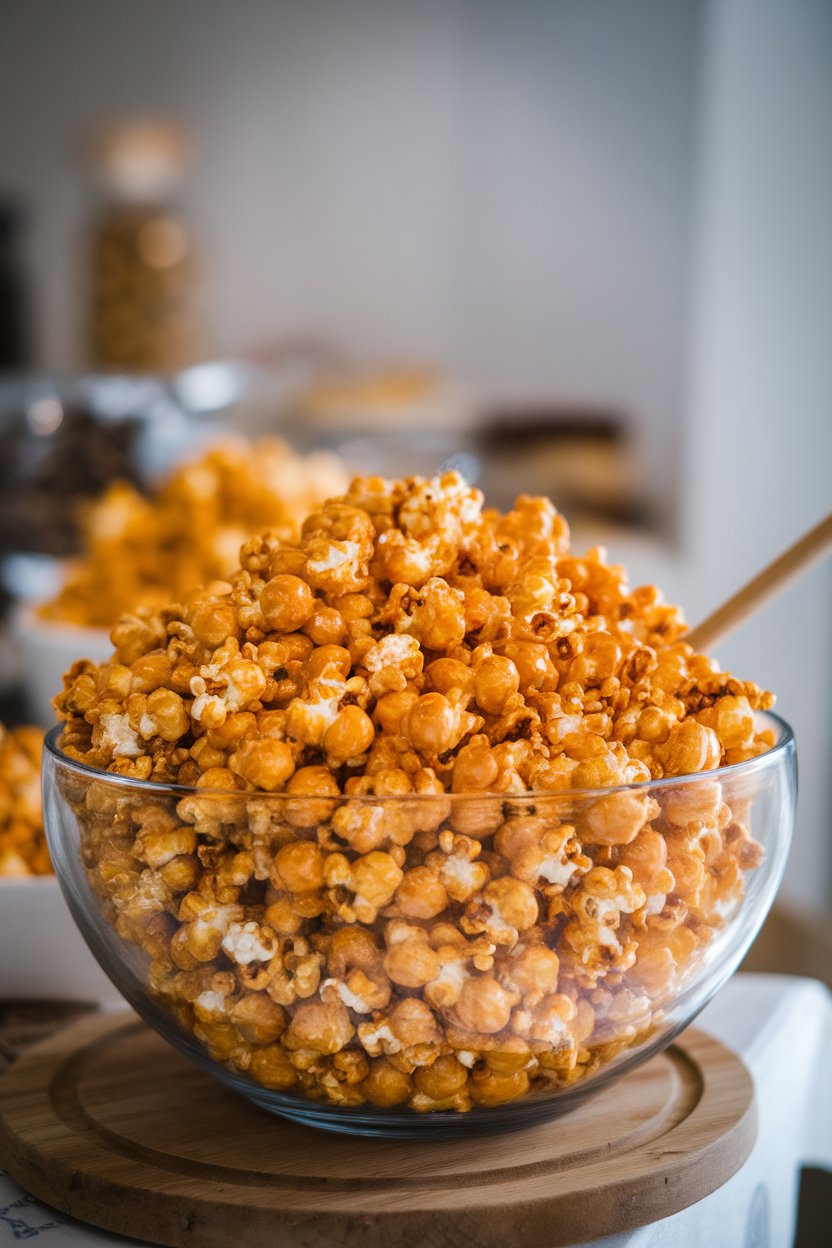 Photo taken indoors of a large bowl brimming with glossy caramel popcorn, a wooden spoon tucked inside. No text or logos.