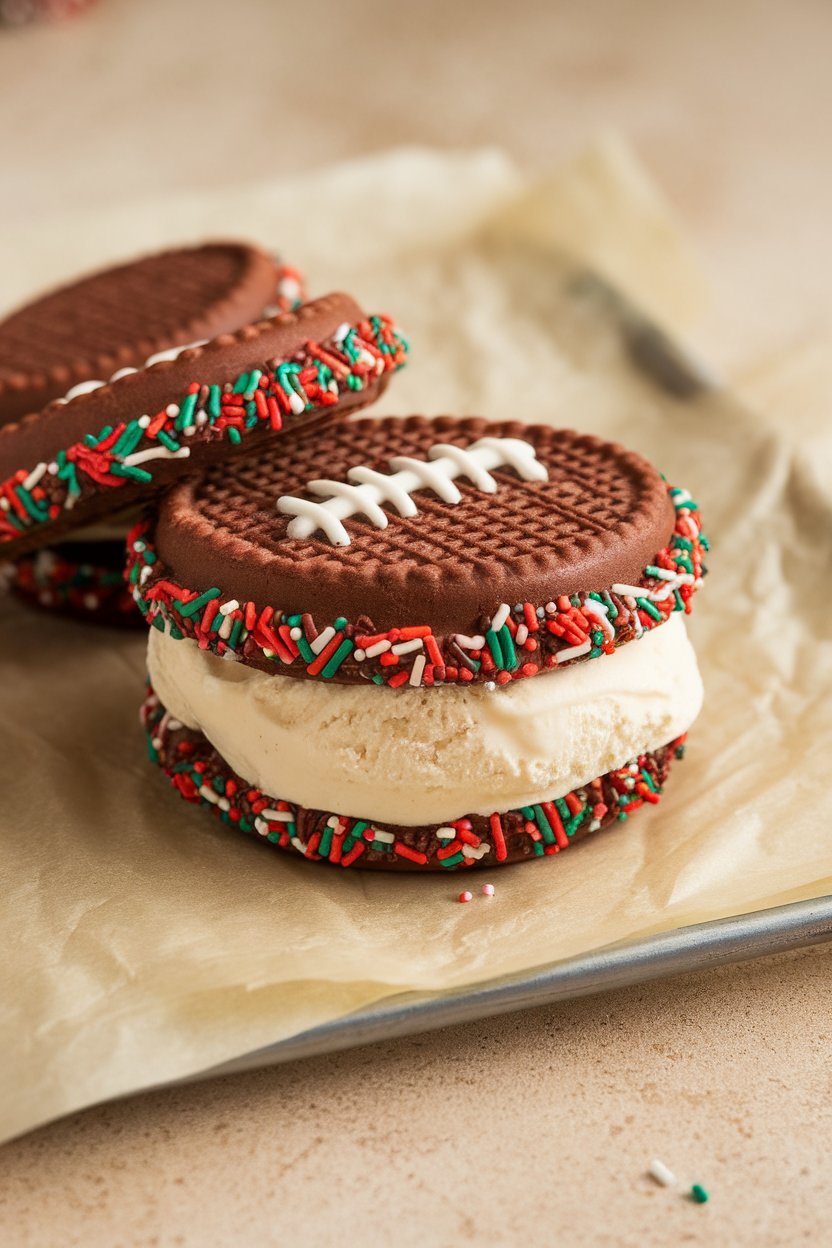 Indoor photo of vanilla ice cream sandwiched between two chocolate wafer cookies, edges rolled in football-sprinkle mix, resting on parchment. No text or logos.