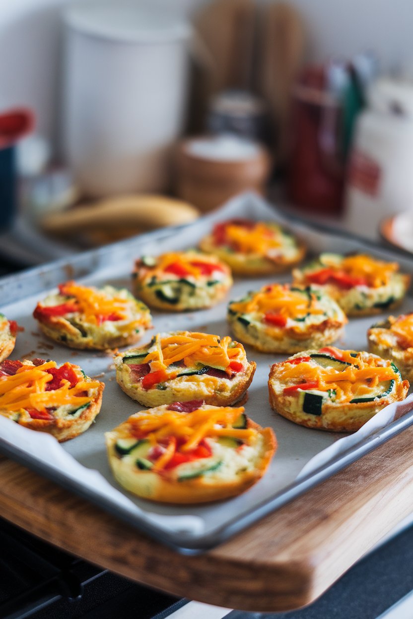 A baking sheet indoors with colorful mini frittatas showcasing bell peppers, zucchini, and cheddar cheese, no text or logos.