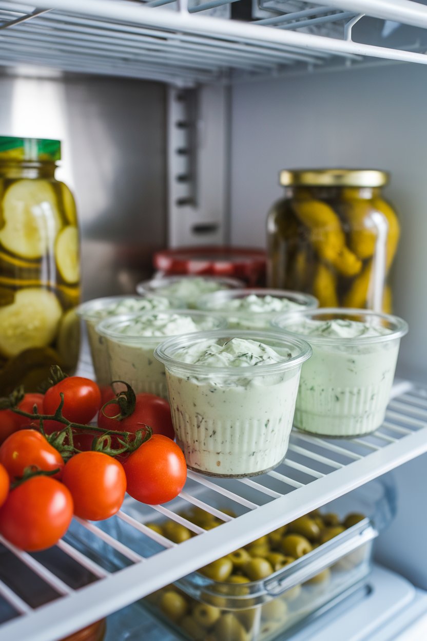 Indoor photo of small clear cups of herbed Greek yogurt dip next to grape tomatoes on a fridge shelf. No text or logos.