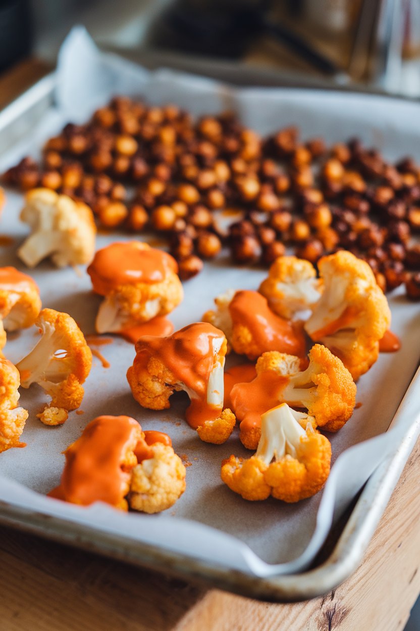 Parchment-lined sheet pan indoors with buffalo-sauce coated cauliflower florets and crispy roasted chickpeas. No logos or text.