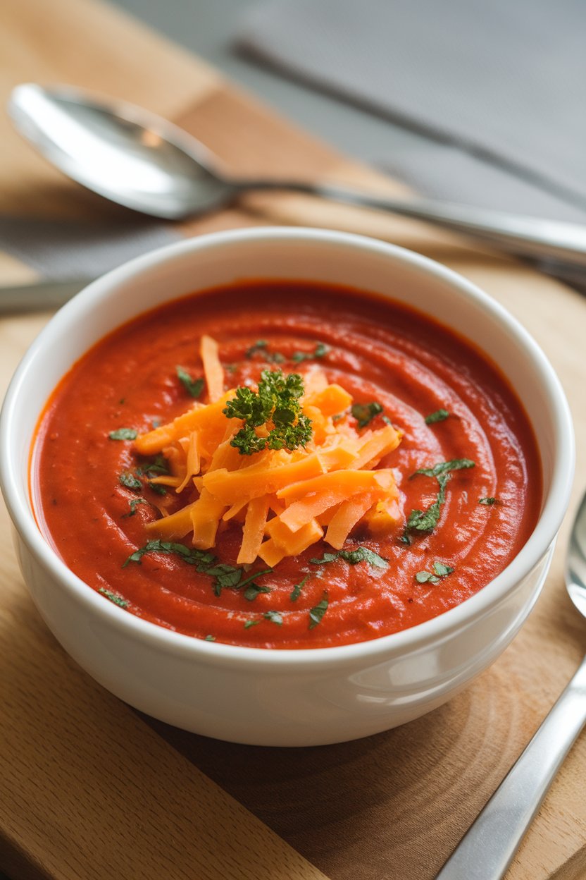 Indoor photo of a bright red soup topped with shredded smoked Gouda and a sprinkle of parsley; no logos or text present.