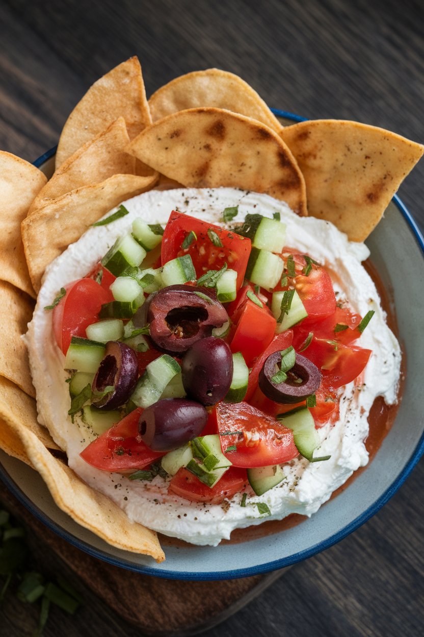 Indoor photo of a shallow bowl of whipped feta topped with chopped tomatoes, cucumbers, and olives, served with pita chips; no text or logos