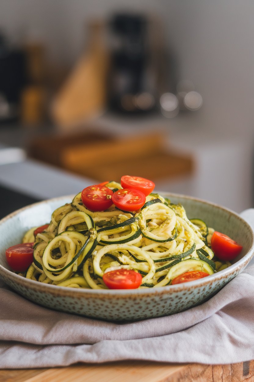 Indoor photo of a shallow bowl of zucchini noodles tossed in basil pesto, dotted with halved cherry tomatoes. No text or logos.