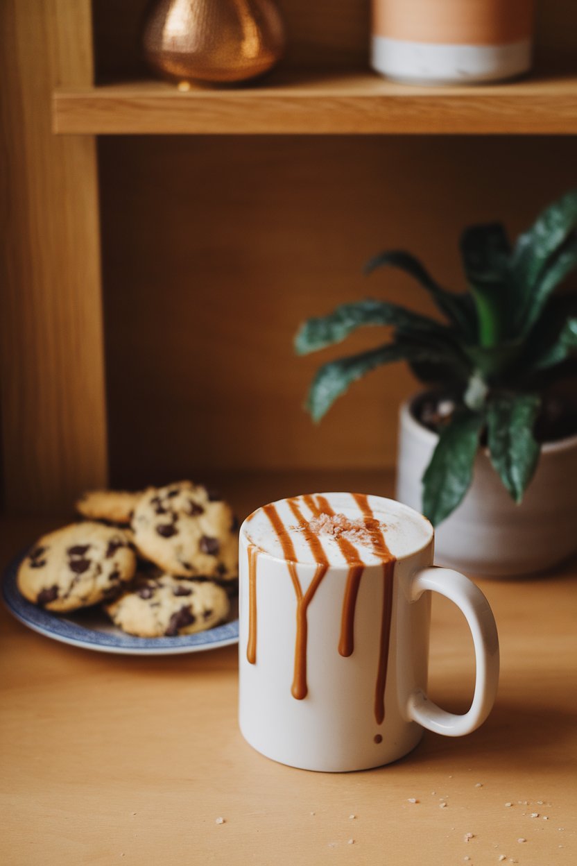 An indoor cozy nook with white mug of creamy hot chocolate, caramel drizzle, pinch of flaky salt on foam; photo, not illustration; no text or logos.