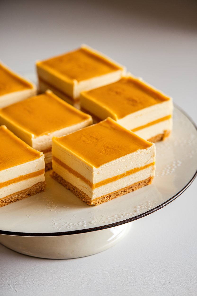 Indoor photo of creamy orange and vanilla layered dessert bars on a white platter, slight condensation visible. No text or logos.