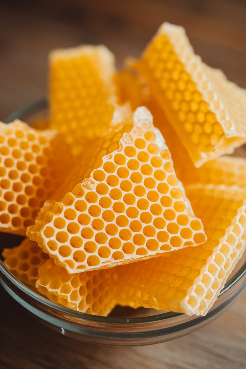 Indoor close-up photo of golden honeycomb candy shards, bubbles visible inside, placed in a bowl. No text or logos.
