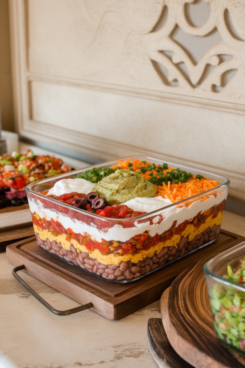 Photo of an indoor buffet with a clear glass baking dish displaying visible layers of refried beans, guacamole, sour cream, salsa, cheese, olives, and green onions. No branding or text.