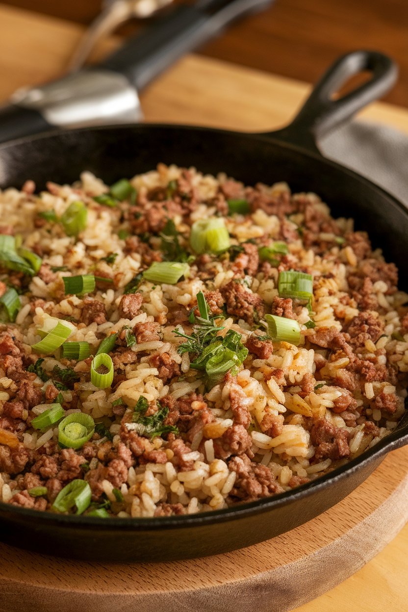 An indoor cast-iron skillet of cooked dirty rice dotted with ground meat, herbs, and scallions. No text or logos. Photo.