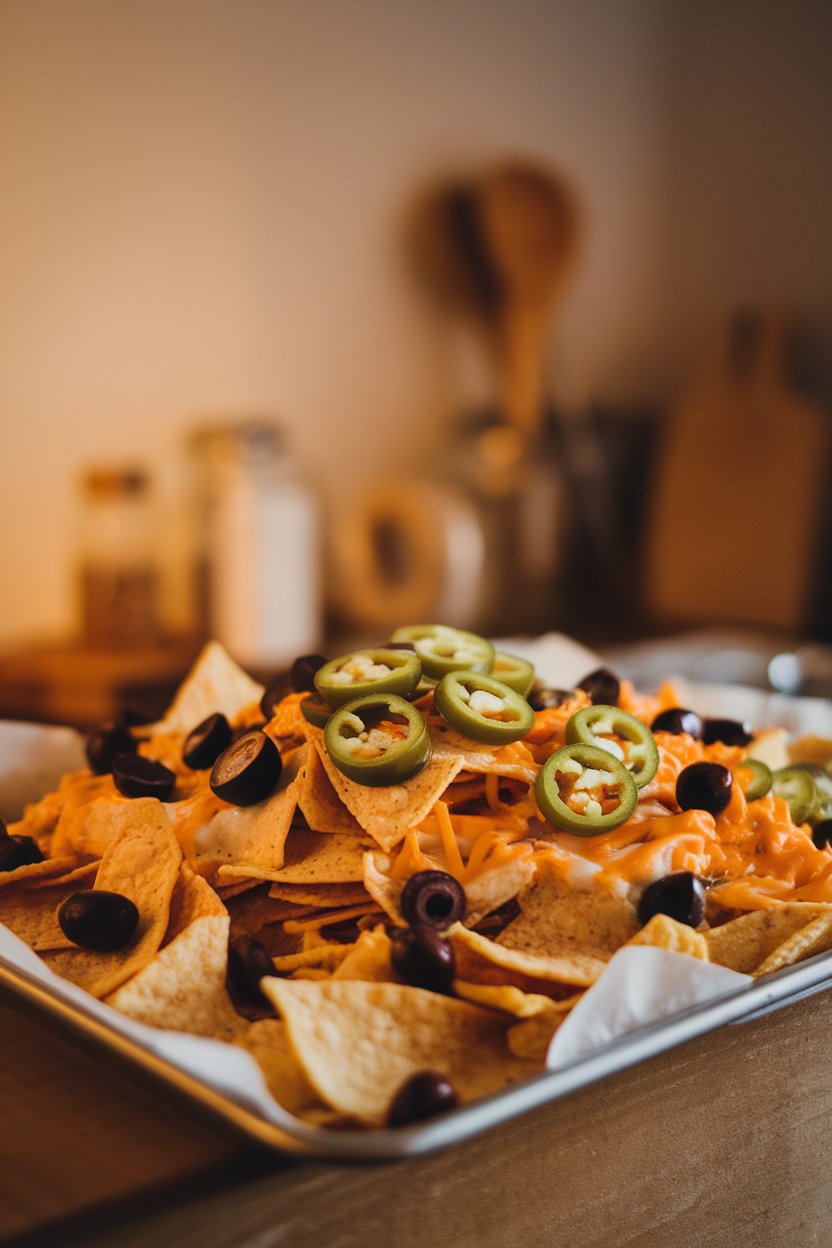 Indoor photo of a sheet pan piled high with tortilla chips, melted cheese, jalapeño rings, and scattered black olives; no text or logos.