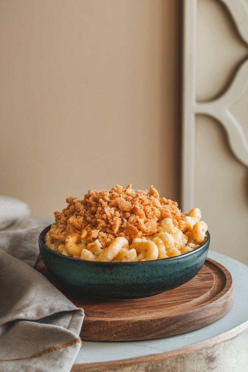 Indoor table with a bowl of creamy cauliflower mac, breadcrumb topping slightly browned. No text or logos.