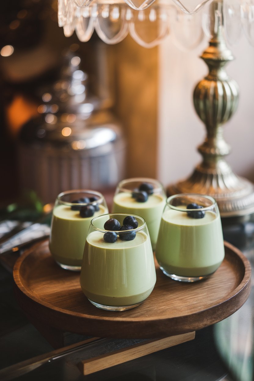 An indoor bistro scene featuring stemless glasses of pale green matcha panna cotta, each topped with a few blueberries for contrast. Photo only, no text or logos.