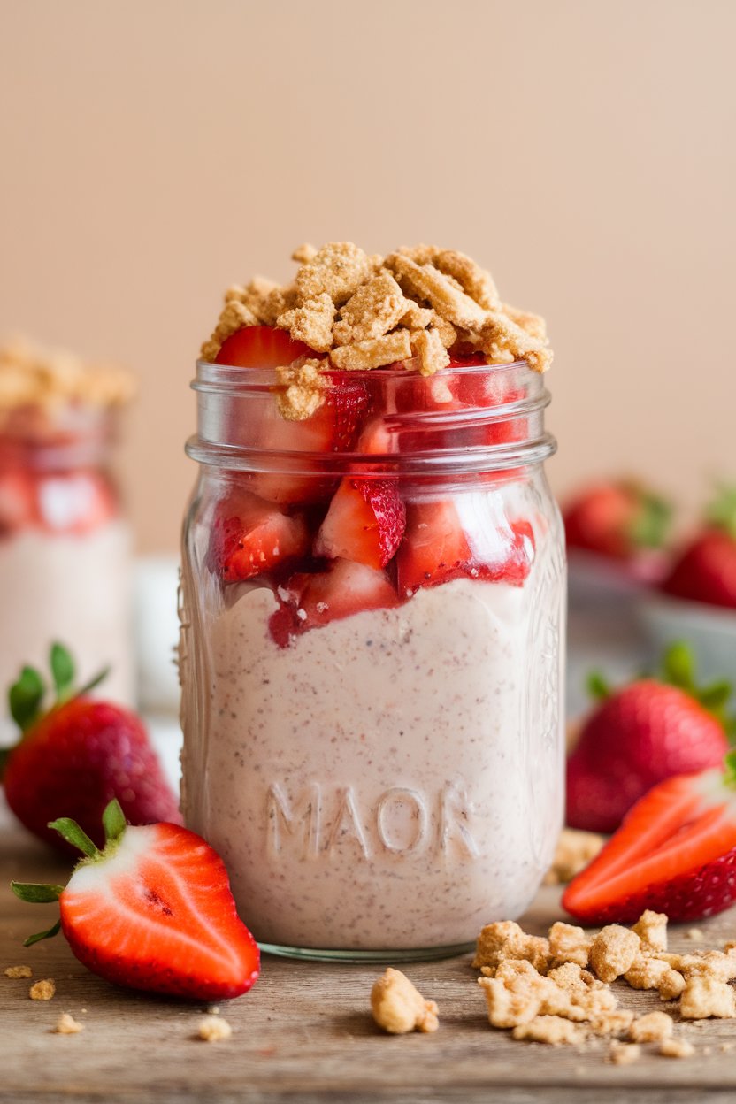 An indoor mason jar filled with pink-tinted overnight oats, topped with diced strawberries and graham-style crumble. No text or logos. Photo, not illustration.