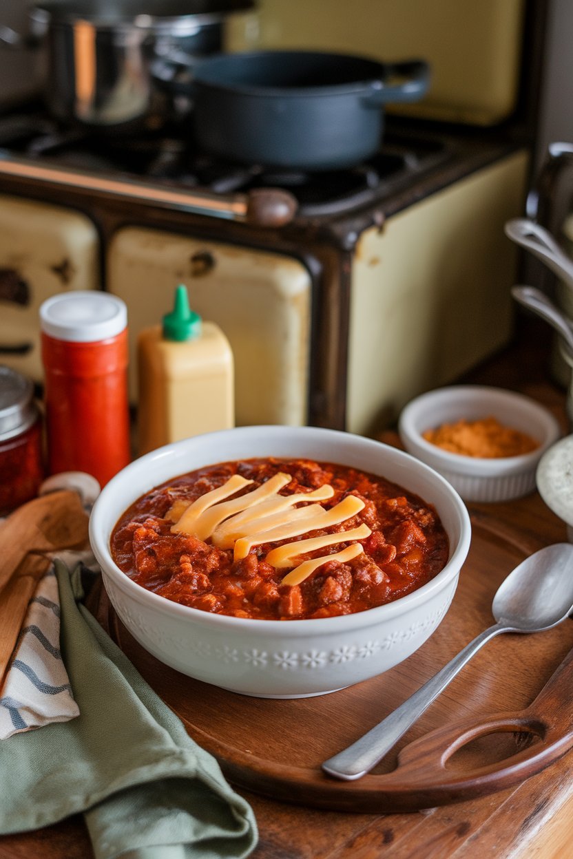 An indoor kitchen table with a bowl of steak chili topped with melted provolone strips. No logos or text.