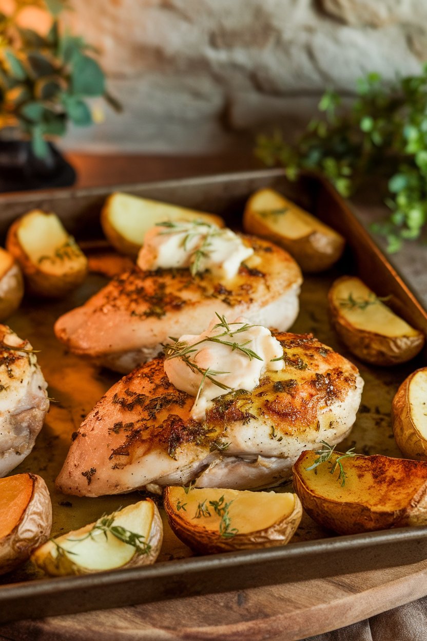 Indoor photo showing chicken breasts topped with melting herb butter pats, halved baby potatoes browned alongside on a sheet pan. Warm lighting, no text or logos.