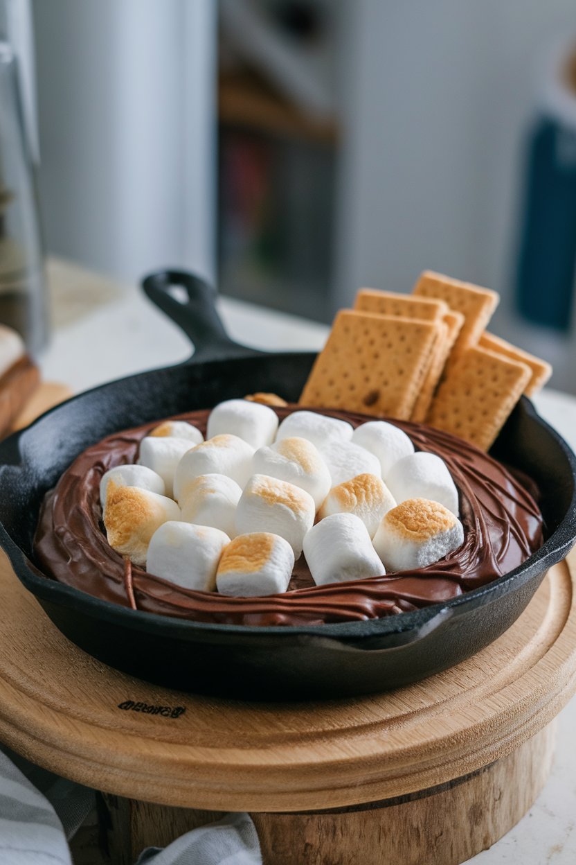 Indoor photo of cast-iron skillet filled with melted chocolate and toasted marshmallows, graham crackers on the side, no text or logos.