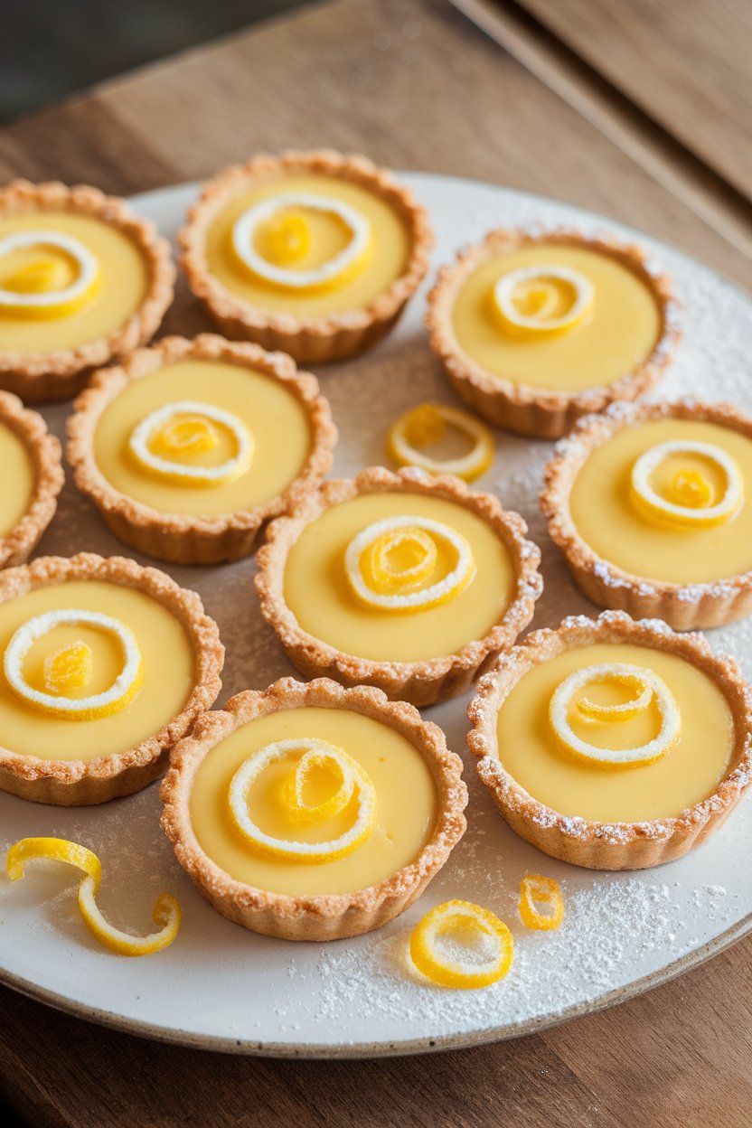 Photo of mini lemon custard tartlets with buttery crusts on an indoor ceramic platter, candied lemon zest garnish. No text or logos.