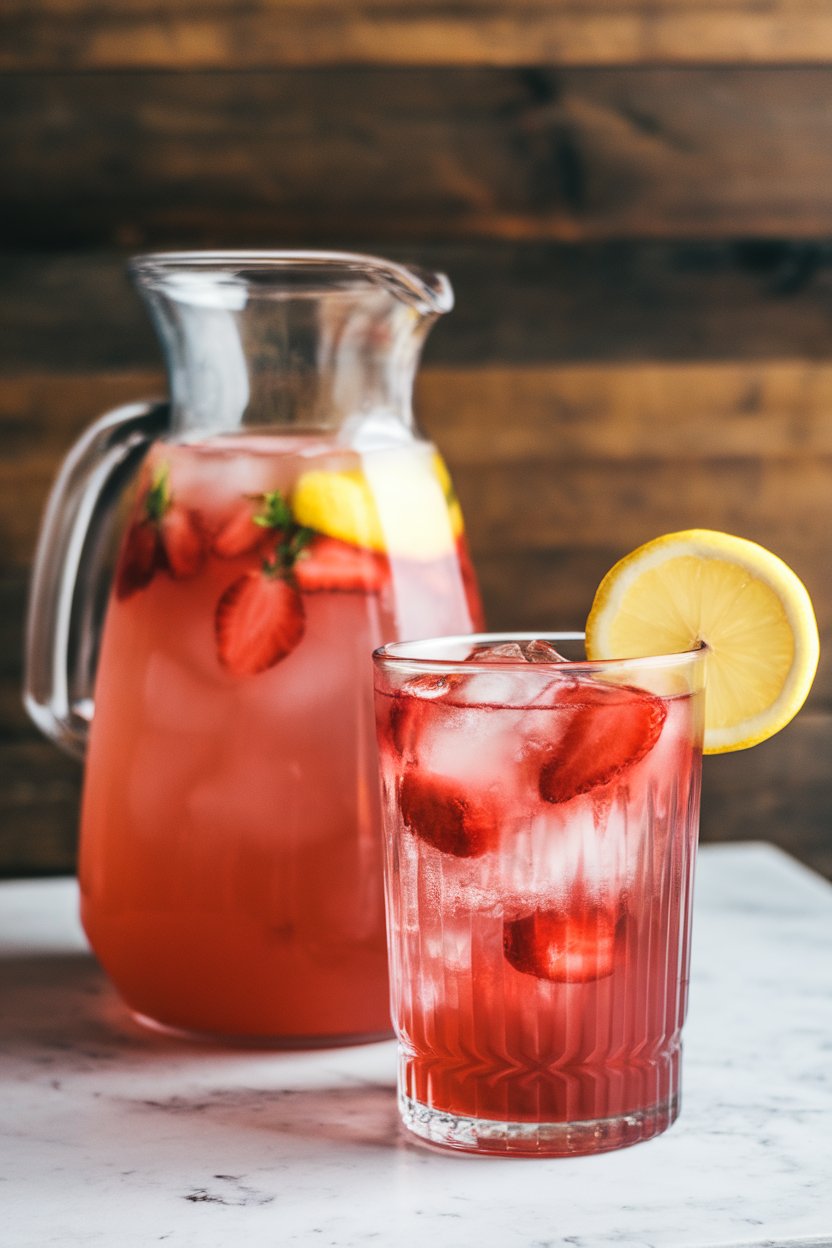 Indoor pitcher of rosy strawberry lemonade beside a tumbler packed with ice, lemon slice on rim. No text or logos.