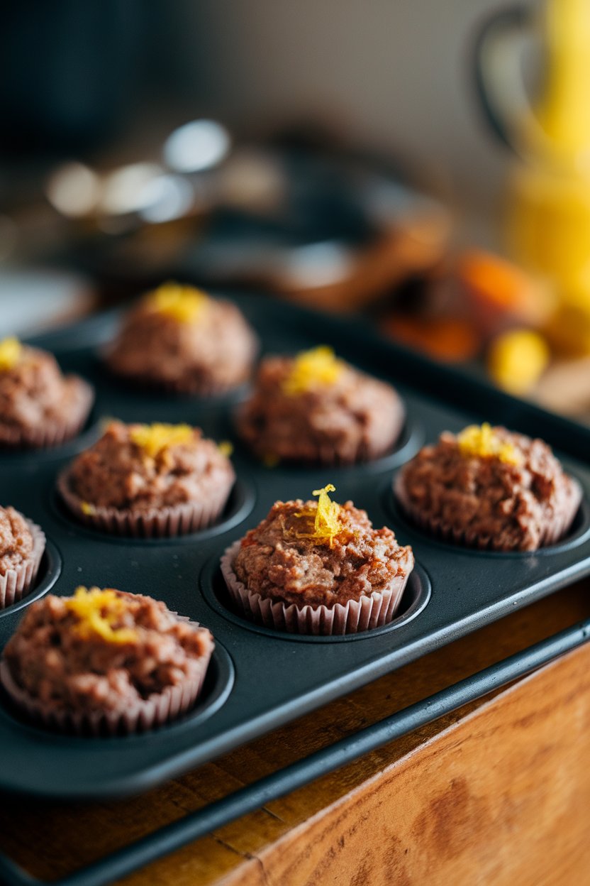 Indoor photo of mini meatloaf muffins on a baking sheet, lemon zest visible on top. No text or logos.