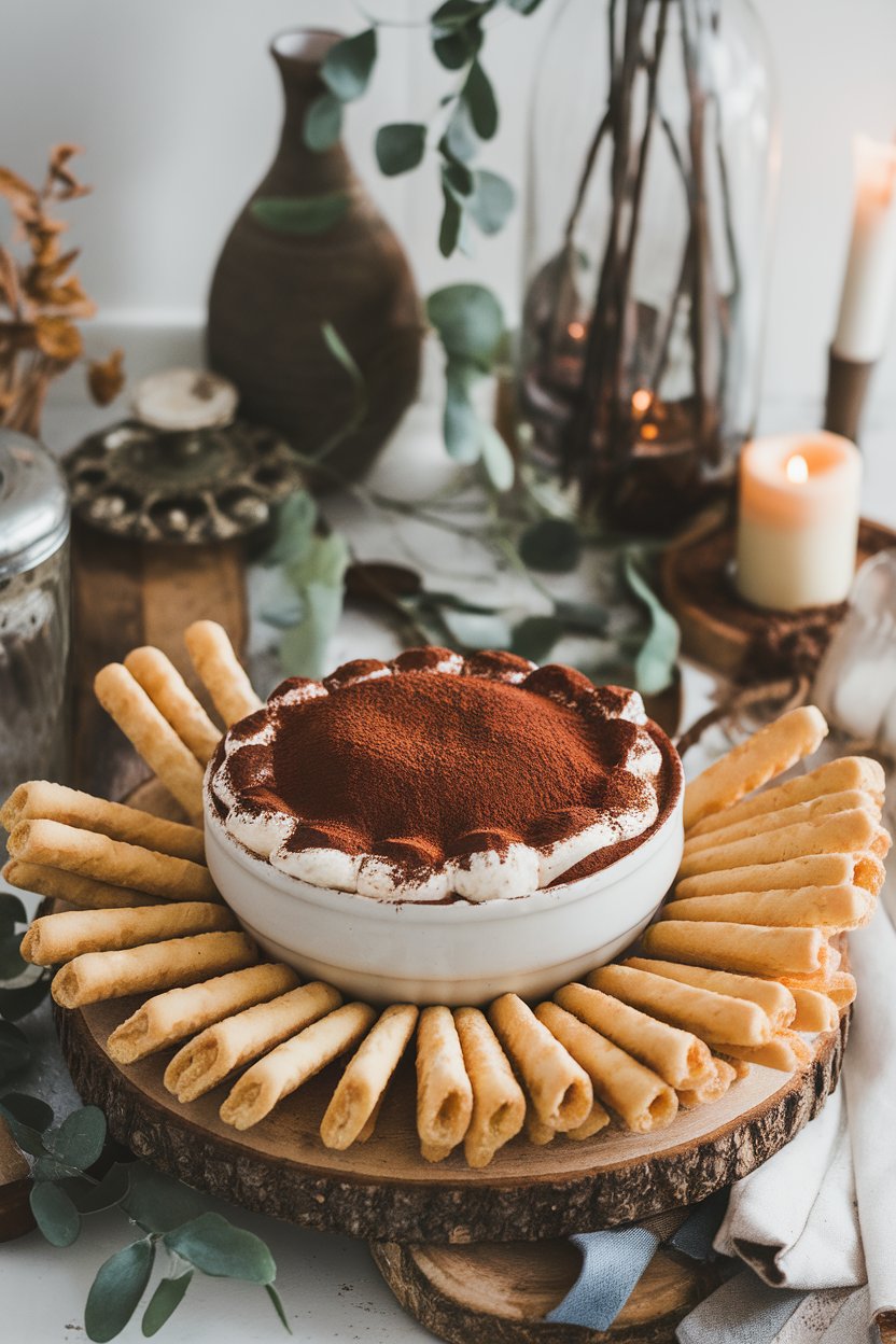 Indoor setting with a bowl of tiramisu dip topped with cocoa powder, surrounded by crisp ladyfingers for dipping. No text or logos; photo, not illustration.