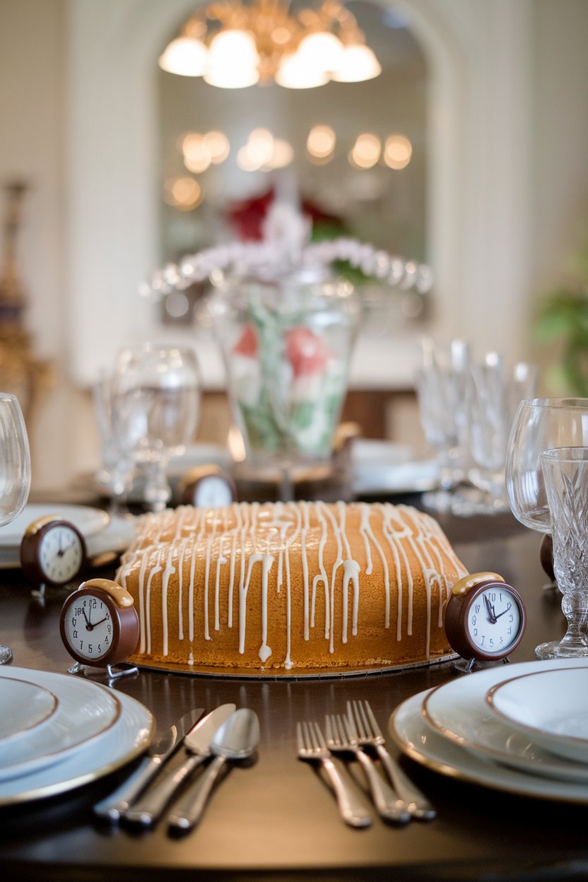 An indoor dining room table with a golden almond sheet cake drizzled in amaretto glaze, small chocolate clocks set to “00:00” around the border—no text or logos.