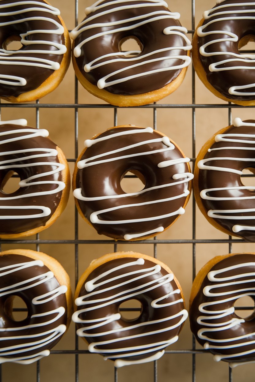 Indoor photo of yeast doughnuts coated in chocolate glaze and piped with white icing laces, lined on a rack. No text or logos.