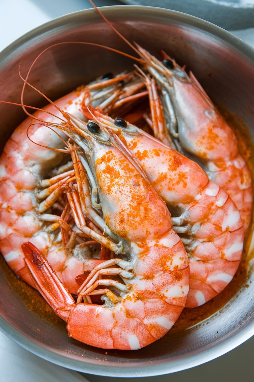 Indoor photo of large prawns coated in red-flecked garlic chili butter, served in a shallow bowl, no text or logos