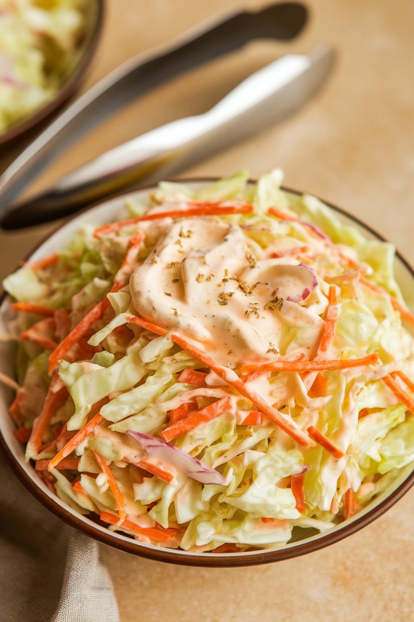 Indoor photo of a bowl of crunchy coleslaw with a creamy dressing, serving tongs nearby; no text or logos.